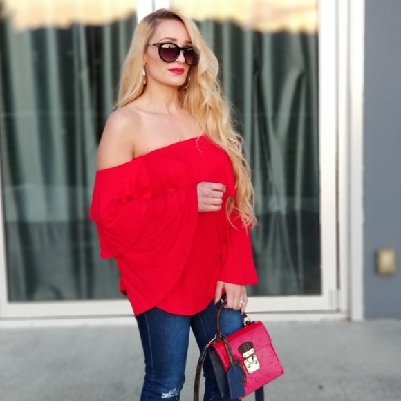 OFF SHOULDER RED TOP BY JOY HAN - Picture 2 of 4
